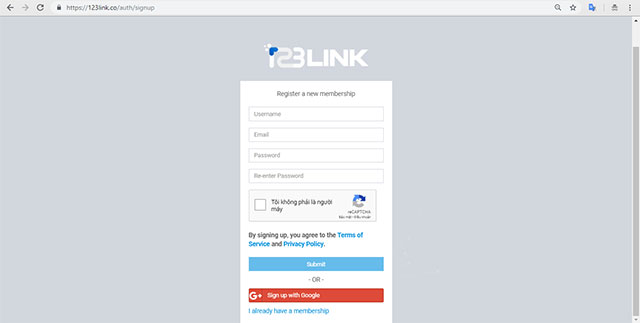 Đăng ký tài khoản 123Link hoặc đăng nhập thông qua Google