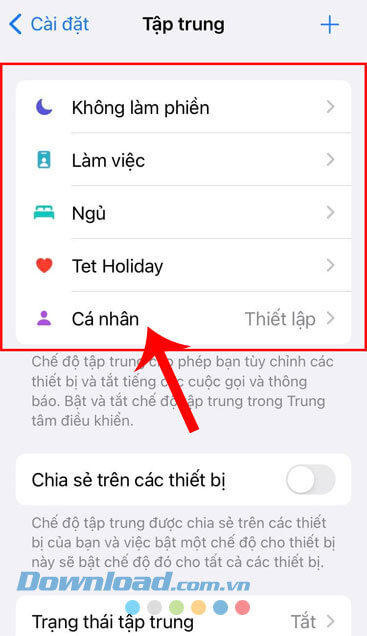 Chọn chế độ tập trung