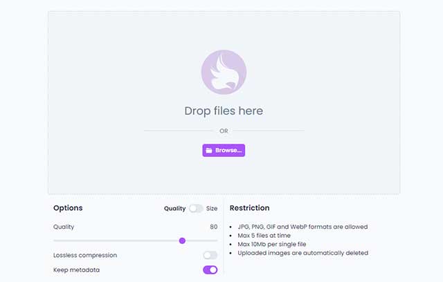 Caesium Image Compressor Online có giao diện đơn giản và dễ sử dụng