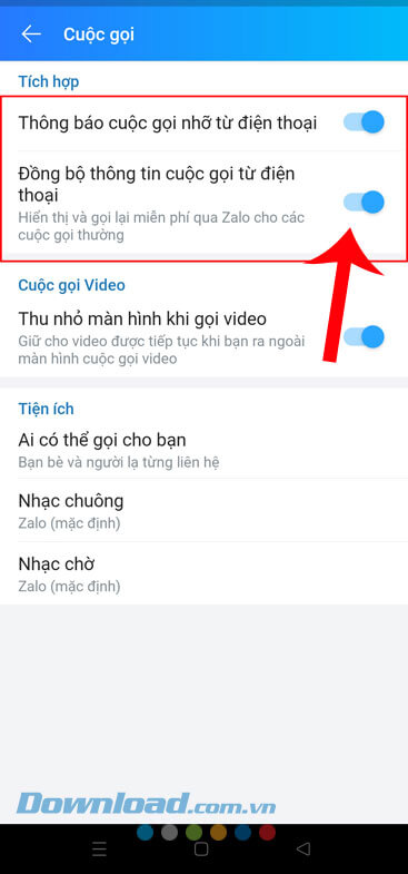 Bật công tắc tại mục Thông báo cuộc gọi nhỡ từ điện thoại và Đồng bộ thông tin cuộc gọi từ điện thoại