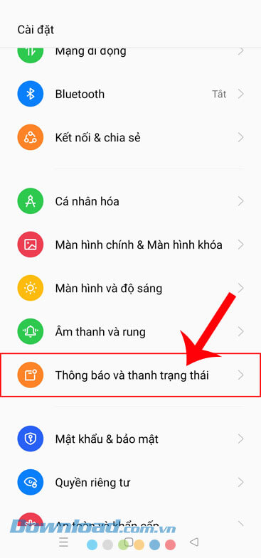 Nhấn vào mục Thông báo và thanh trạng thái