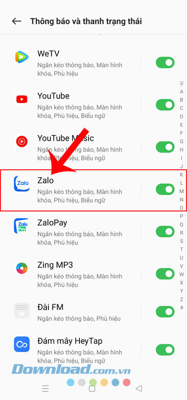 Bật công tắc tại ứng dụng Zalo