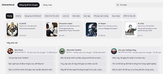 Hỏi về bất kỳ chủ đề nào mà bạn thích với các nhân vật của Character AI