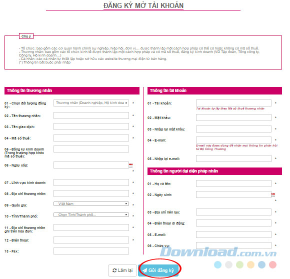 Đăng ký mở tài khoản Thương mại Điện tử