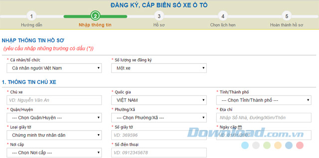Nhập thông tin đăng ký xe qua mạng