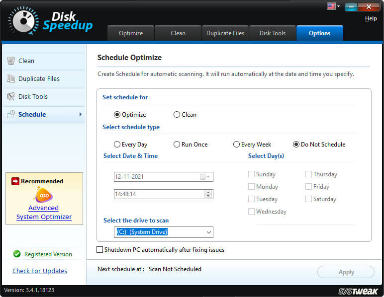 Lập lịch quét hệ thống trên Systweak Disk Speedup