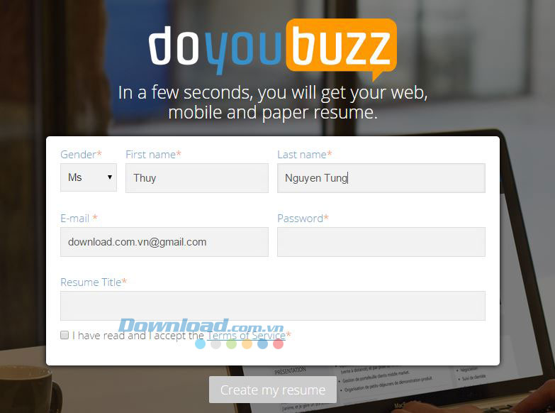 Nhập tiêu đề và mật khẩu trong DoYouBuzz