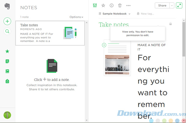 Giao diện của Evernote Web