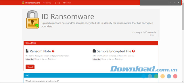 Giao diện chính của trang web ID Ransomware miễn phí hỗ trợ tìm kiếm phần mềm tống tiền