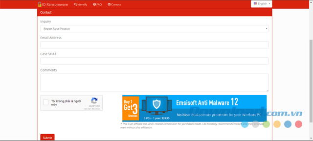 Liên hệ với nhà phát triển của trang web ID Ransomware miễn phí