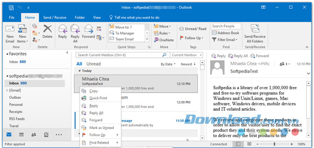 Giao diện chính của ứng dụng Outlook cho máy tính