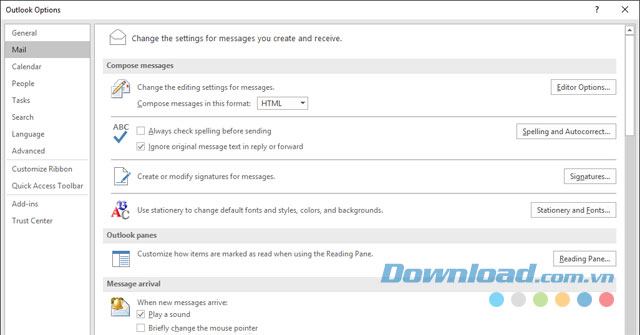 Danh sách một số tùy chọn trong ứng dụng Outlook cho máy tính