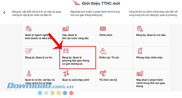 Nhấn vào mục Đăng ký, Quản lý phương tiện cơ giới đường bộ