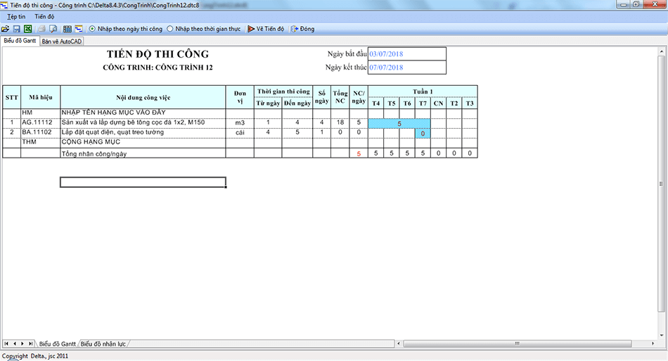 Tiến độ thi công vẽ theo biểu đồ ngang, hiển thị trong excel và Autocad