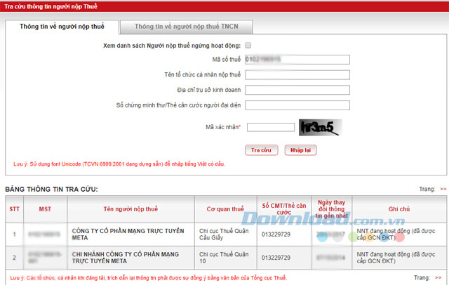 Tra cứu thông tin người nộp thuế