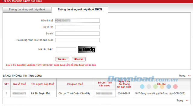 Tra cứu thông tin về người nộp thuế TNCN