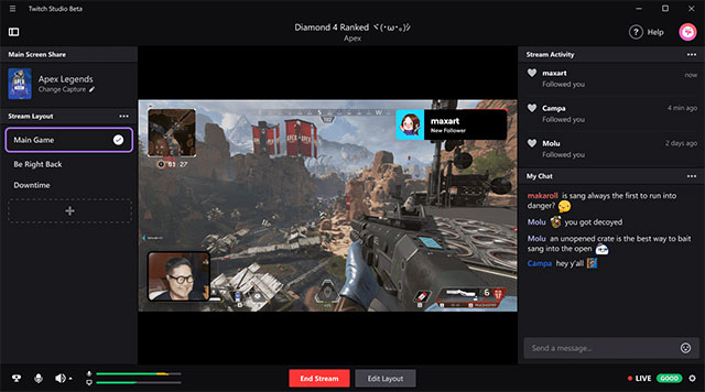 twitch-studio-giao-dien Giao diện chính của phần mềm stream trực tuyến - Twitch Studio