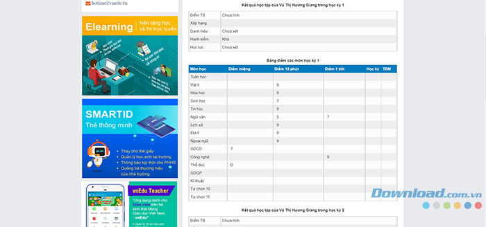 Giao diện hiển thị kết quả học tập của học sinh trên VnEdu.vn