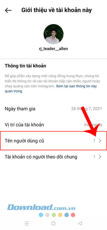 Chạm vào mục Tên người dùng cũ