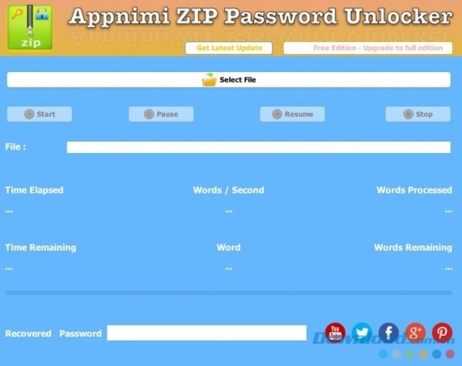 Giao diện làm việc của Appnimi ZIP Password Unlocker